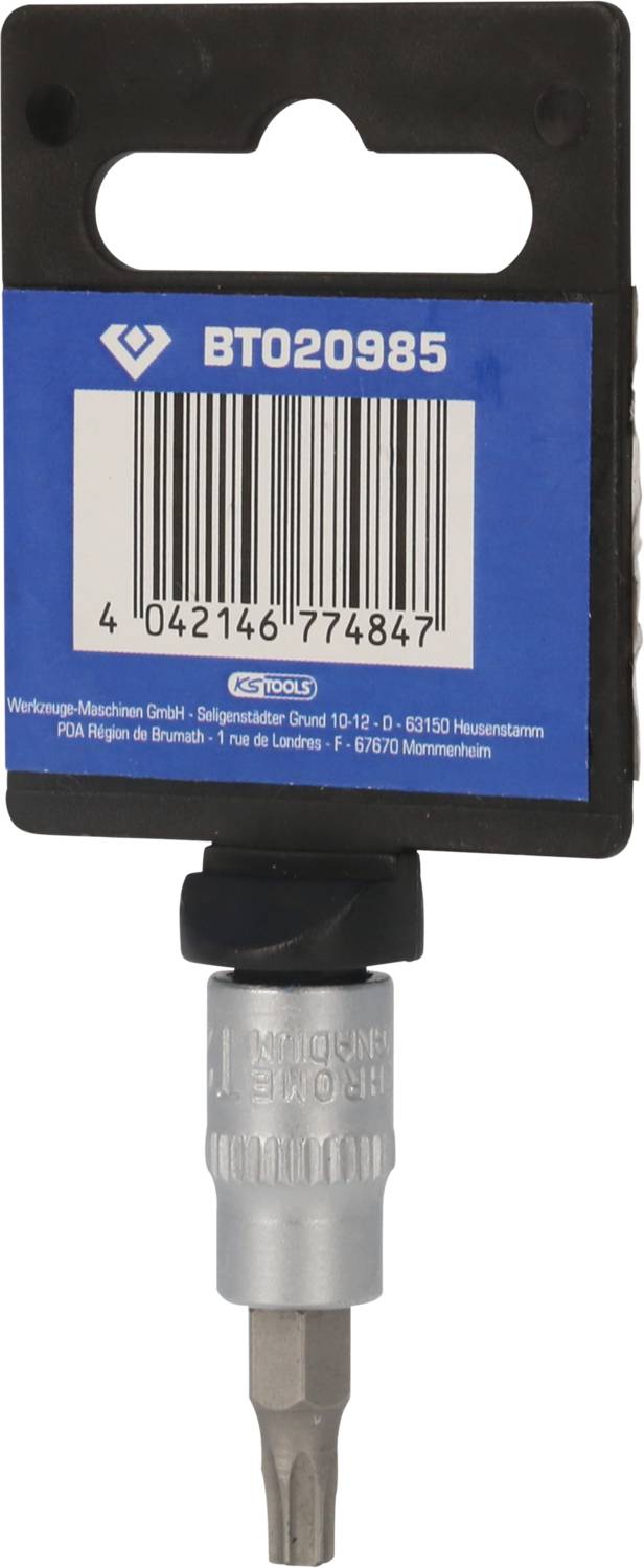 A screwdriver bit with a hanger, product code 'BTO20985', on a blue background with barcode. Perfect for DIY supplies.