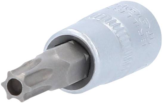A silver Torx bit attachment used for tightening or loosening Torx screws lies on a neutral background.