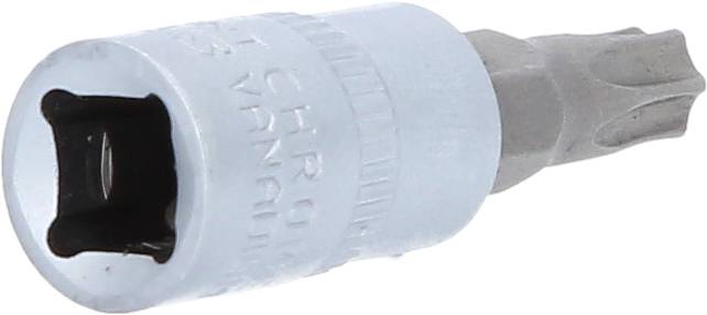 A Torx bit with hexagonal shank, suitable for screw applications. Primarily used in DIY and automotive repair.