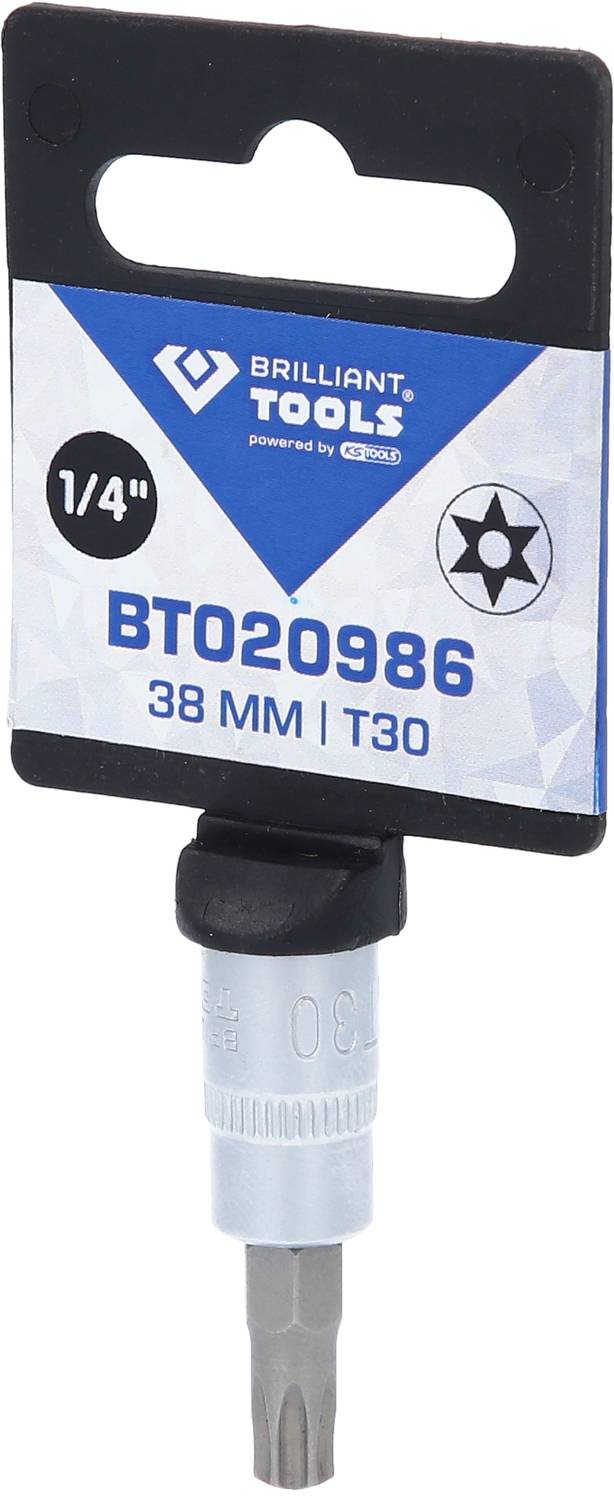 'Screwdriver Bit Insert BT020986, 1/4 inch, 38 mm, T30, Brilliant Tools Packaging.'<br><br>Note: This translation maintains the technical specifications and uses standard British English terminology while preserving the original structure and details.