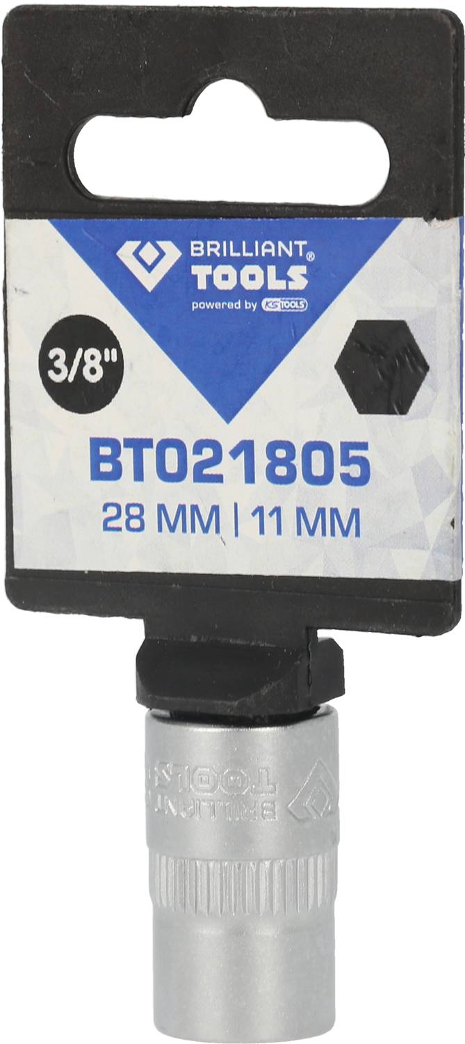 'Brilliant Tools' Socket, 3/8 inch, Article Number BT021805, combines 28 mm and 11 mm sizes. Packaging shown in the foreground.