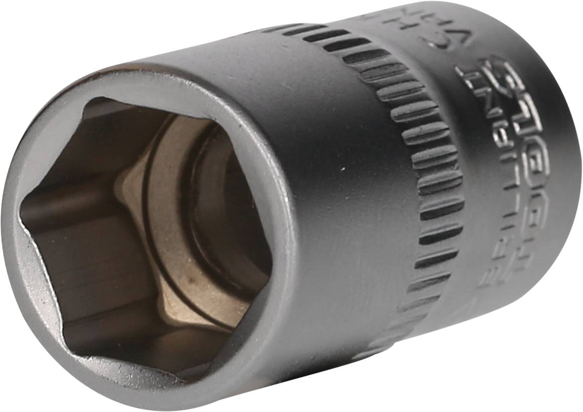 Metal socket spanner with hexagonal opening, for tightening or loosening screws or nuts, on a white background.