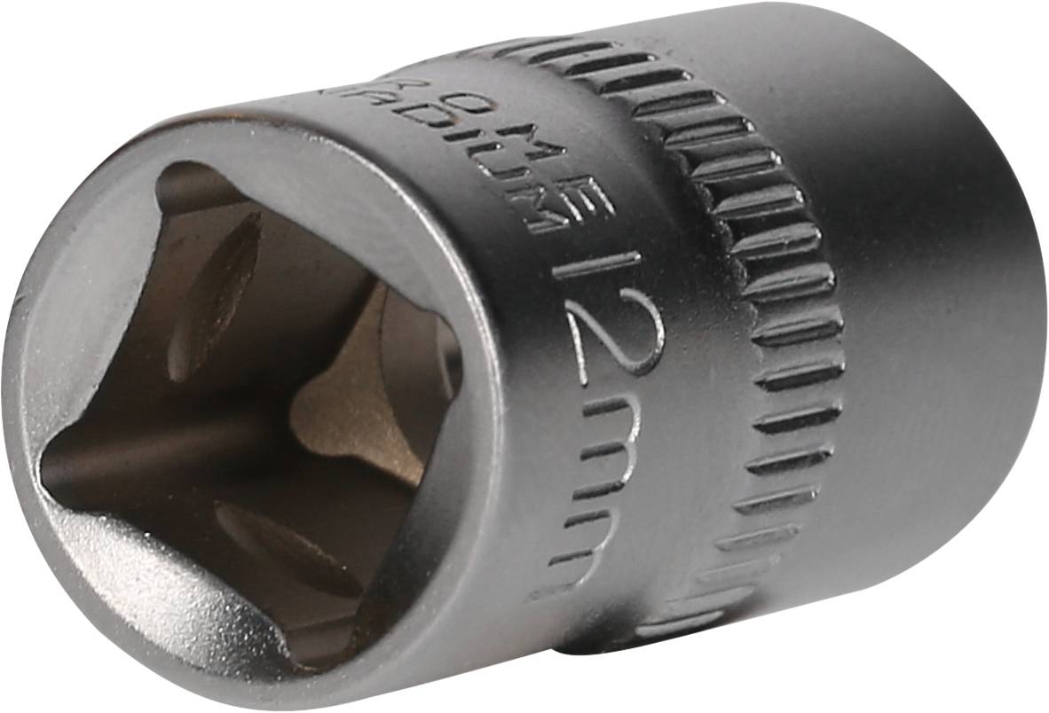 '12 mm metal socket; cylindrical with knurled outer edge for better grip.'
