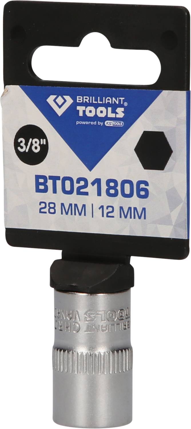 Socket wrench by Brilliant Tools, model BT021806, size 28 mm and 12 mm, with 3/8 inch drive, in packaging.