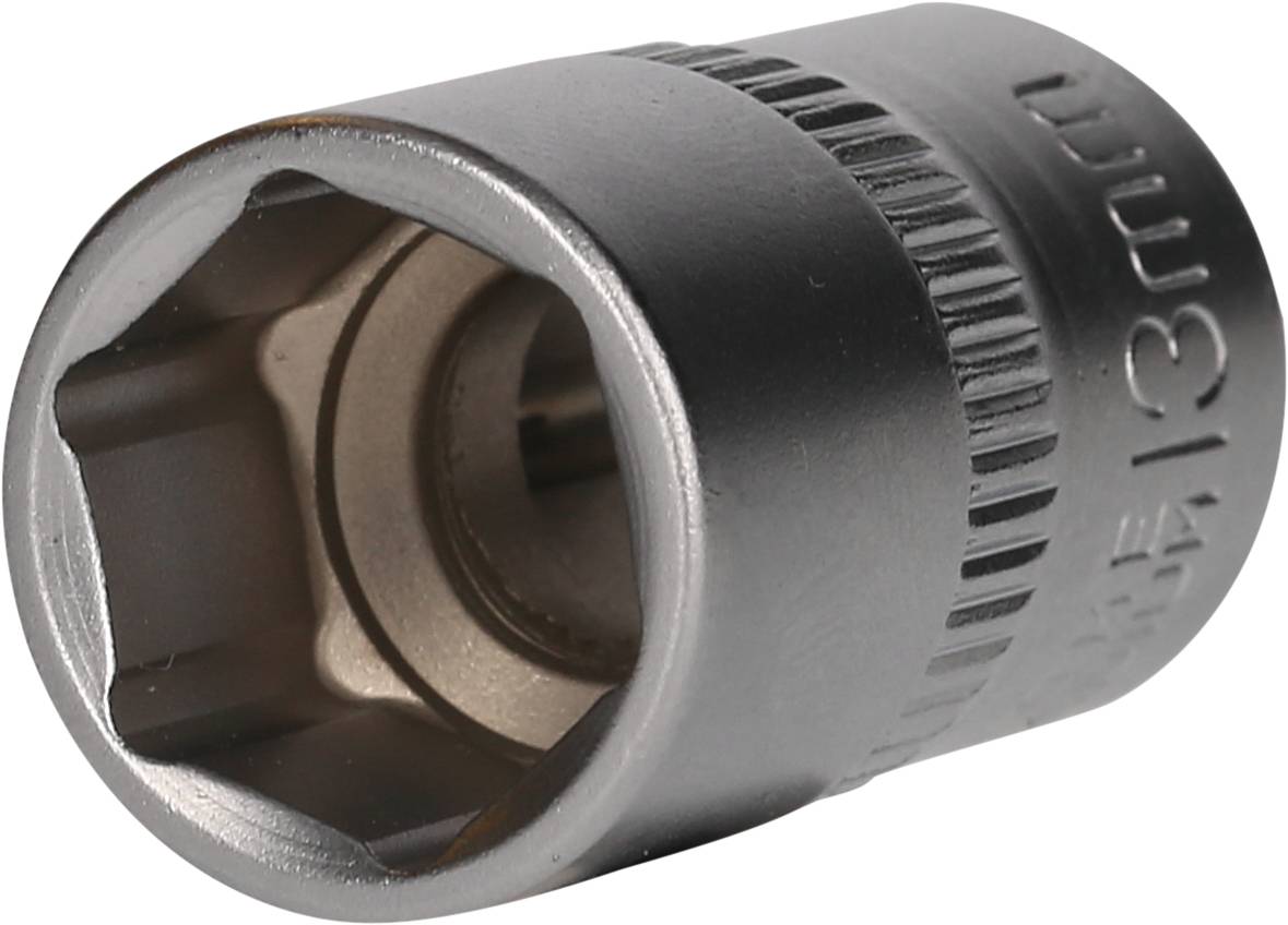 Metal hexagonal socket, with the engraving '13 mm' on the side. Suitable for spanners or socket wrench sets.