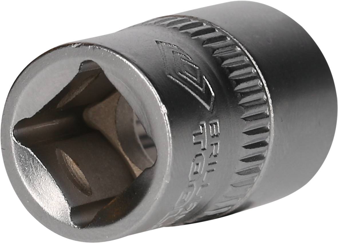 'Close-up of a silver socket insert with a serrated edge and square opening.'