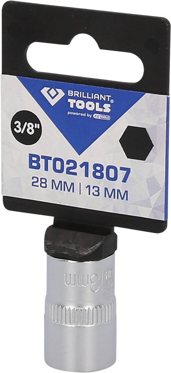 Socket with 3/8 inch drive, product code BT021807. Dimensions: 28 mm and 13 mm. Brand name: Brilliant Tools.