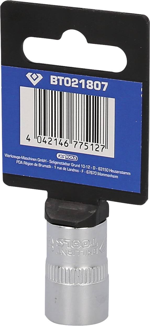 'KS Tools Socket Spanner,' silver, on a blue card background with product code 'BT021807' and barcode. Packaged with hanging hole.