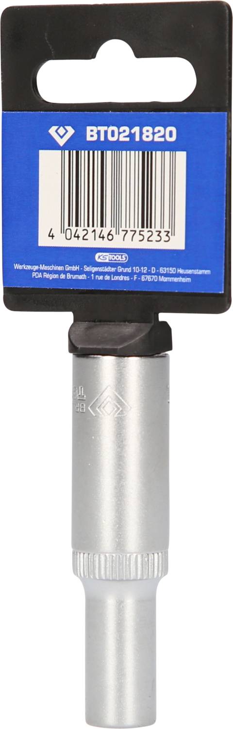 Socket spanner with packaging card and EAN code barcode. Suitable for work with hexagonal bolts.