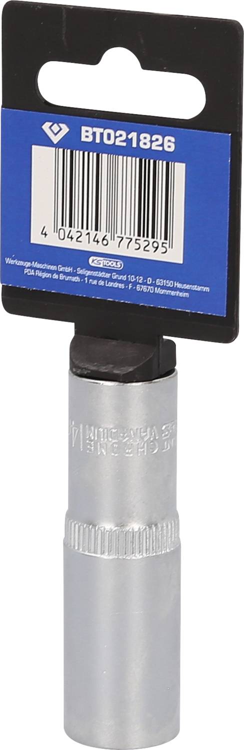 Metal socket key with a matte finish and long extension, label with barcode and product number attached at the top.