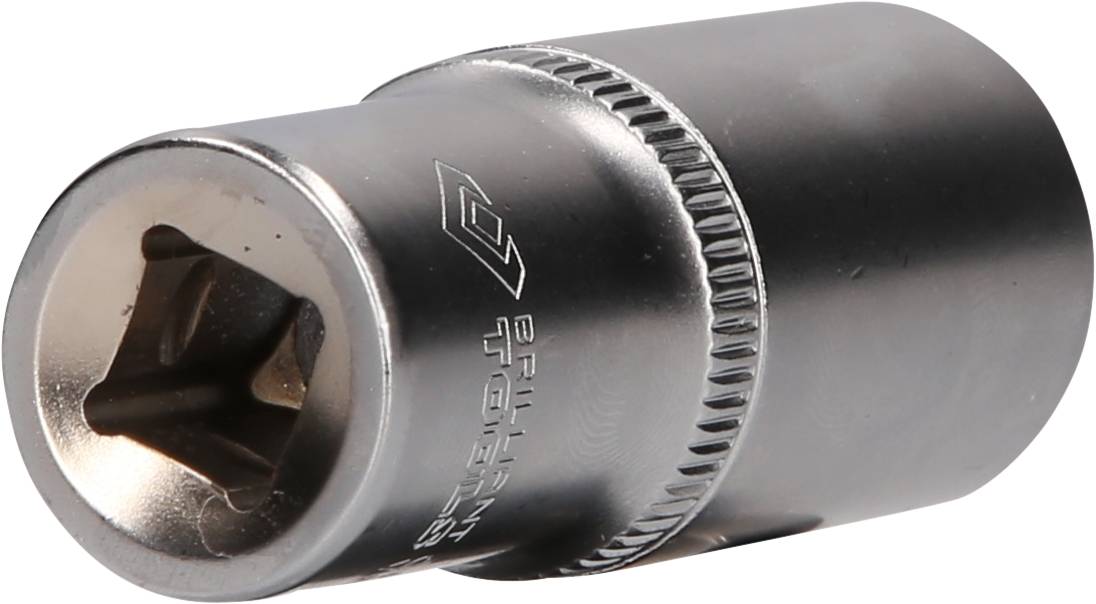 A silver socket shows a square opening for connecting with a tool. The surface is smooth and gleaming.