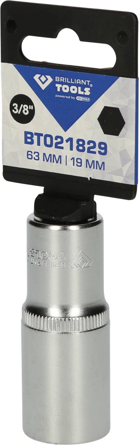 'Brilliant Tools Socket, 3/8 inch, BT021829, 63 mm, 19 mm' is printed on the packaging of a shiny metallic socket.