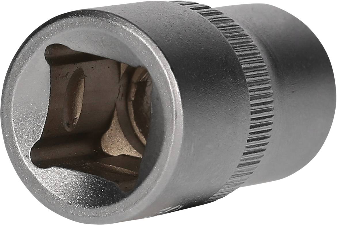 Metal spanner head in cylindrical form with chrome surface, smooth and solid, for use with ratchet tools.