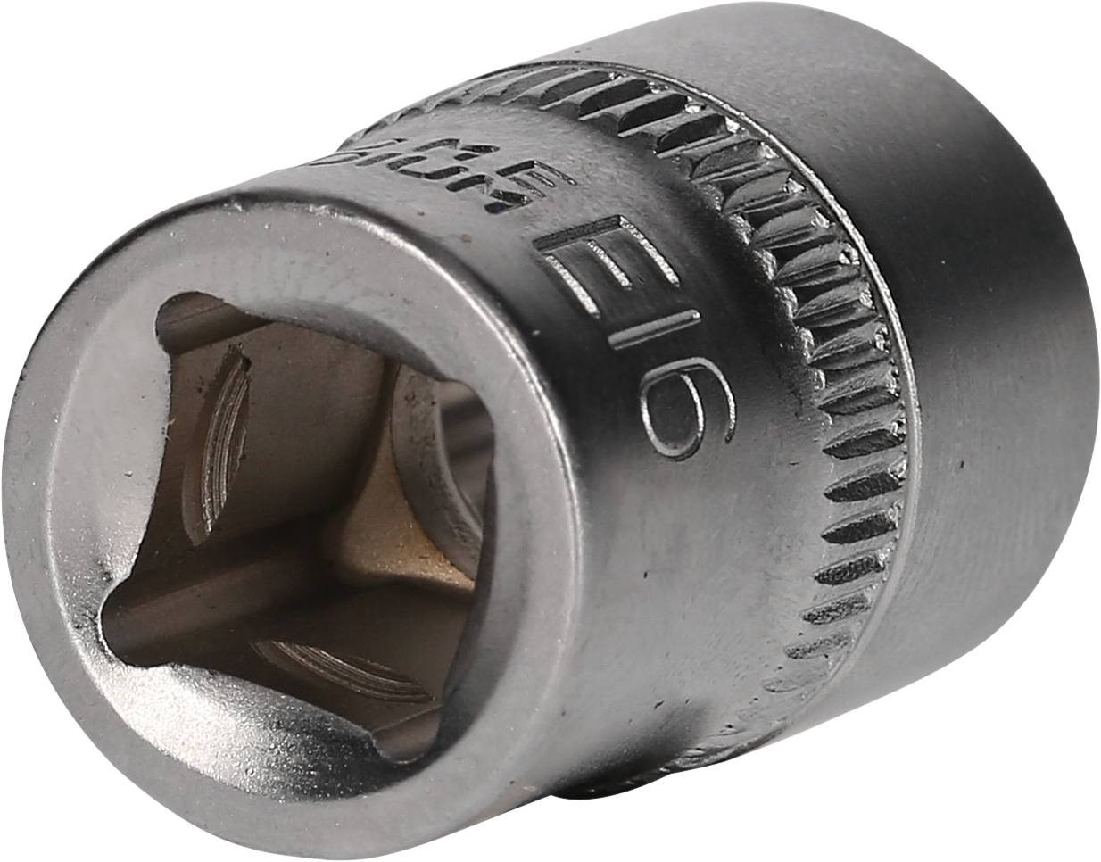 Metal socket, marked with 'E16', for fastening and loosening screws and nuts, constructed from shiny metal.