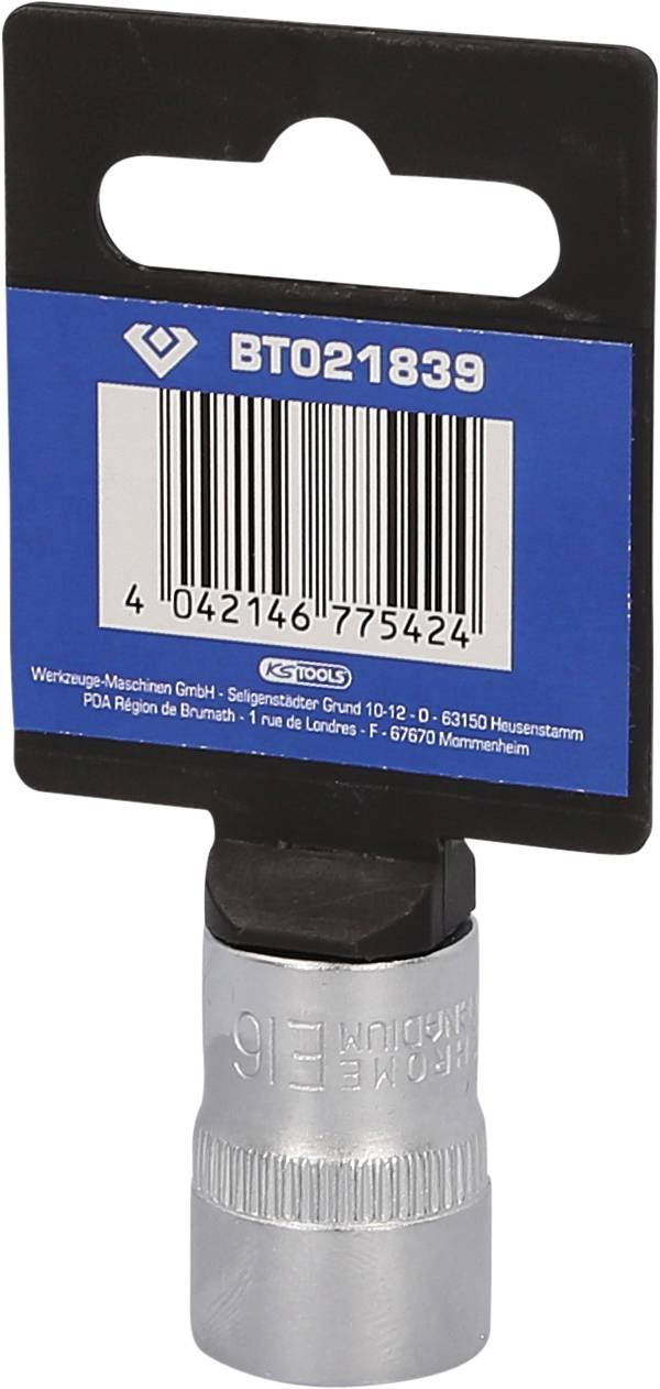 A silver pin nut with a suspension and blue label. At the top it reads 'BT021839' and a barcode is visible.