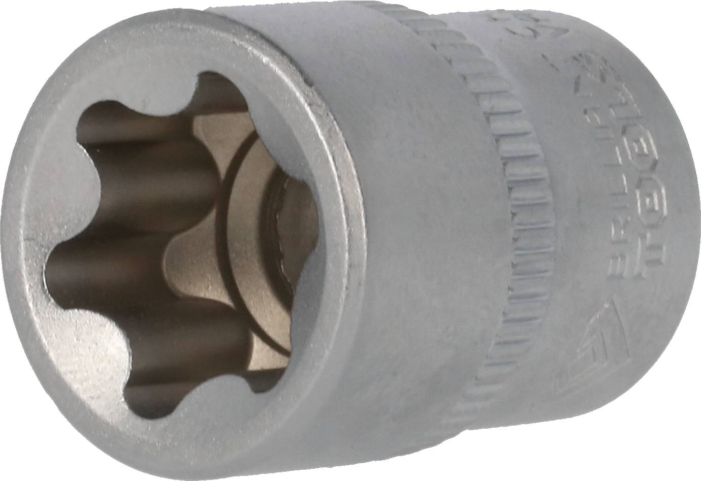 Hexagonal socket, metallic, cylindrically shaped, with a knurled edge. Used for tightening or loosening bolts and nuts.