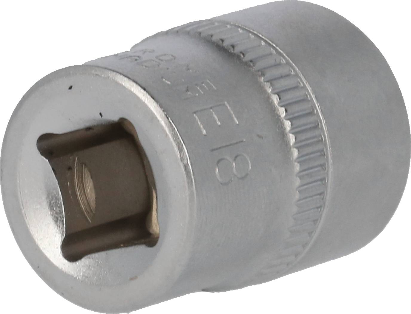 A silver socket with an internal square drive and the engraving 'E18'. Suitable for use with a torque wrench.
