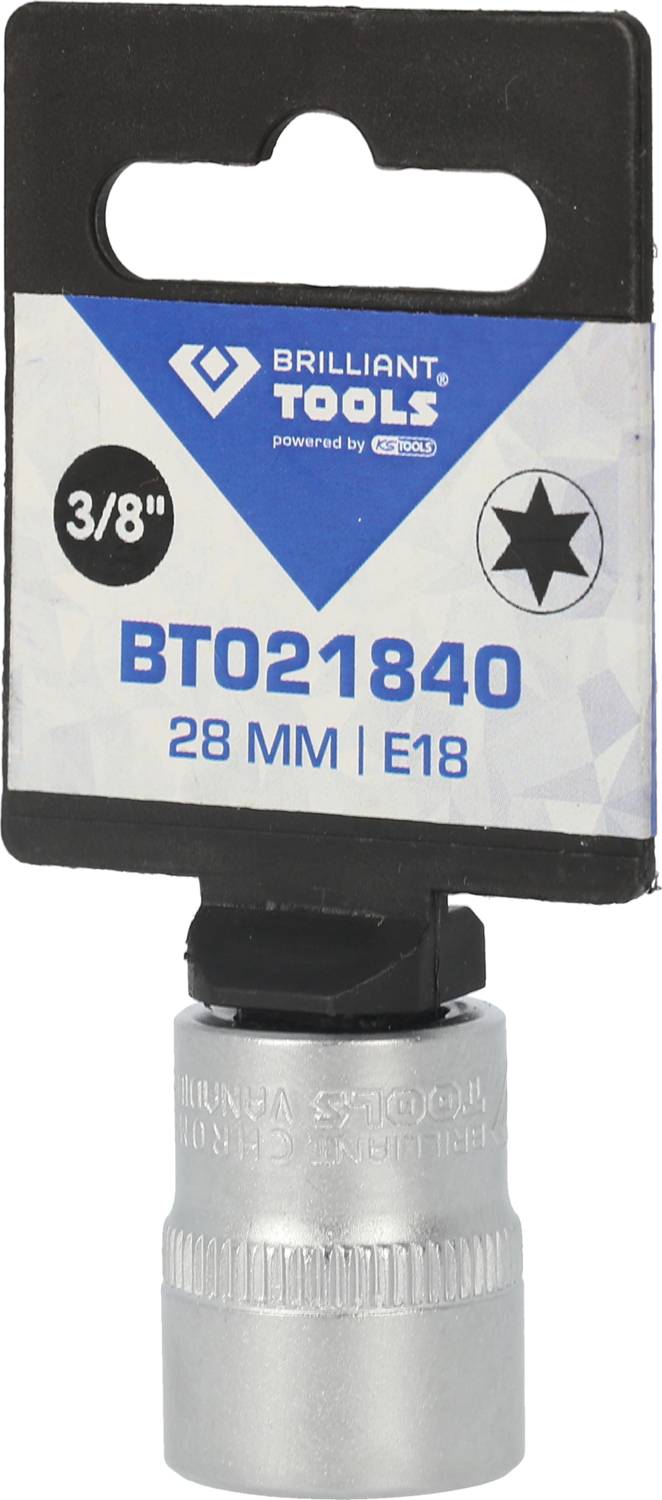 An E-Torx socket from Brilliant Tools. Size E18, 3/8 inch drive, 28 mm length. Suitable for corresponding fastenings.
