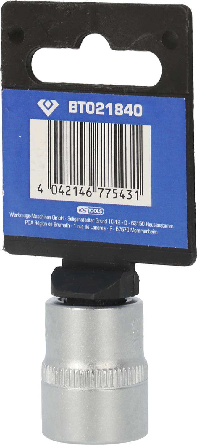 A silver pin nut in a blue packaging with the inscription 'BT021840' and a barcode on the front.