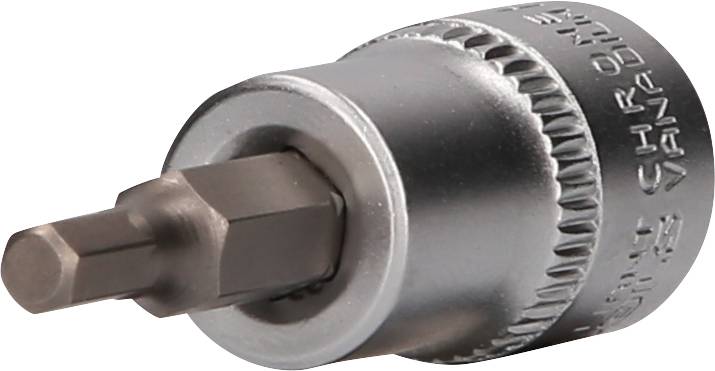 Silver hexagonal socket insert with a knurled edge, on a white background.