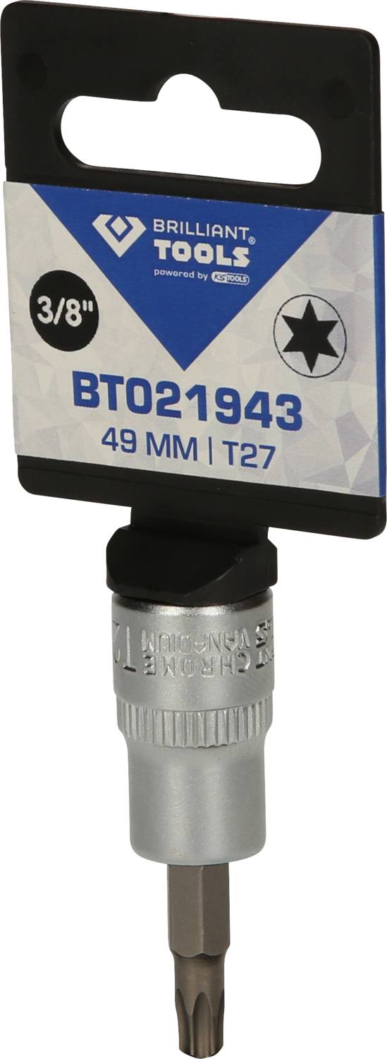 Torx Bit BT021943 by Brilliant Tools, 49 mm length, Size T27, with 3/8 inch drive, mounted on blister packaging.