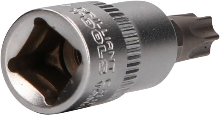 A silver star-headed spanner with a star-shaped insert, used for fastening or removing specialist screws.