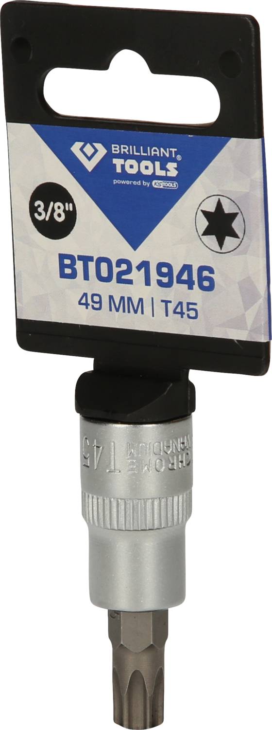 'Brilliant Tools' Bit with T45 Star Tip, 3/8" Drive, 49 mm Length, Model Number BT021946, Black and Silver Colours.