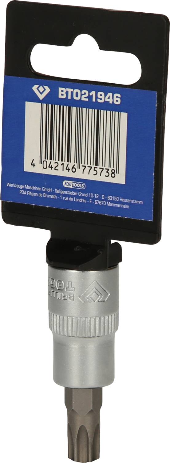 Metal drill bit attachment with blue packaging, article number 'BT021946' and barcode, for handheld tools.