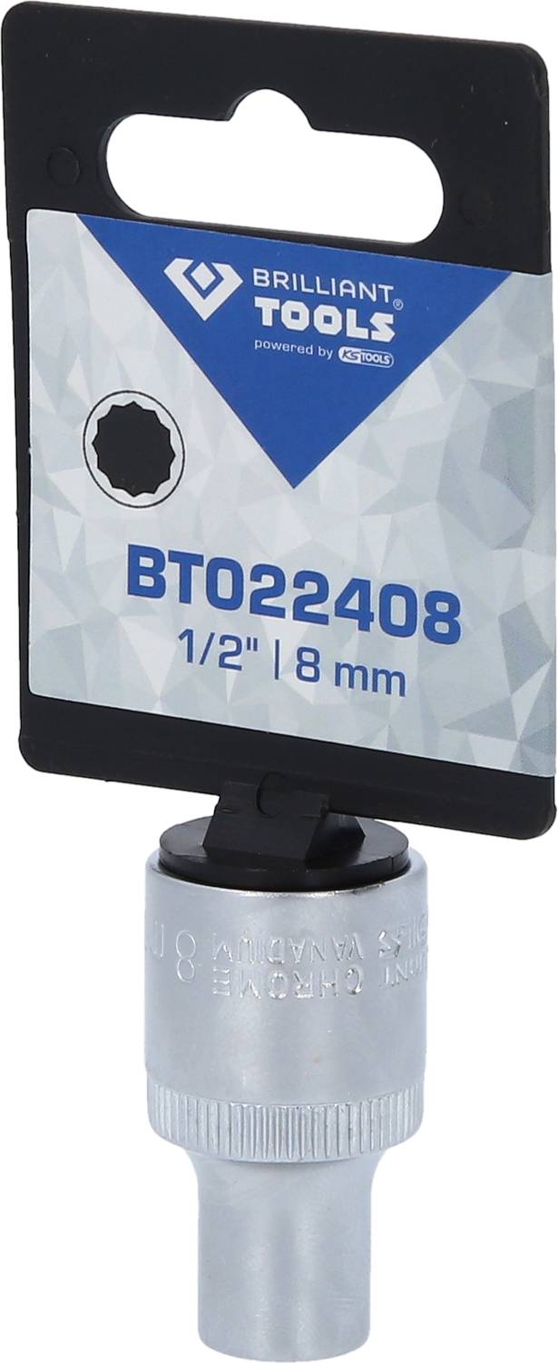 'Brilliant Tools' Socket Insert, Product Number BT022408, Size 1/2 inch, 8 mm, presented against a neutral background.