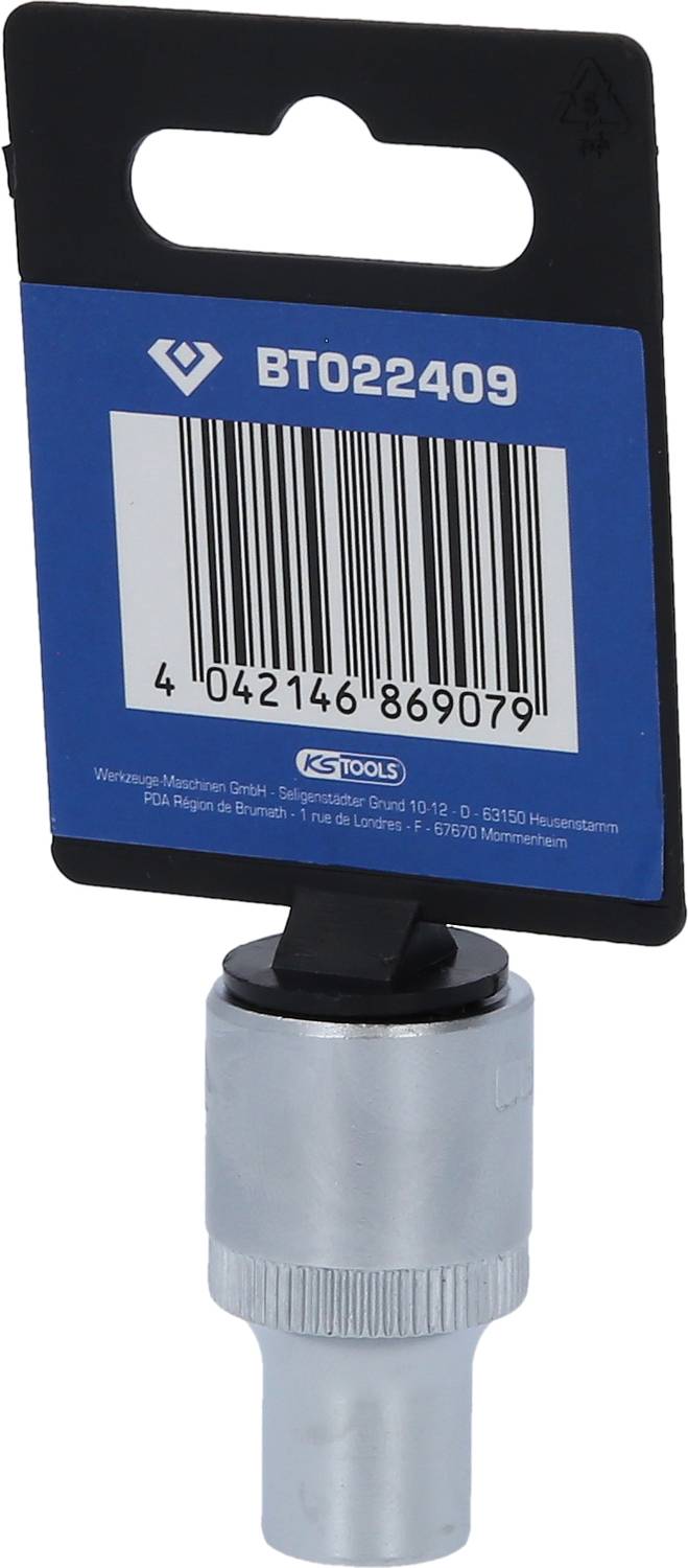 A tool adapter with a barcode sticker displaying the item number 'BT022409'. Packaged by KS Tools Ltd.