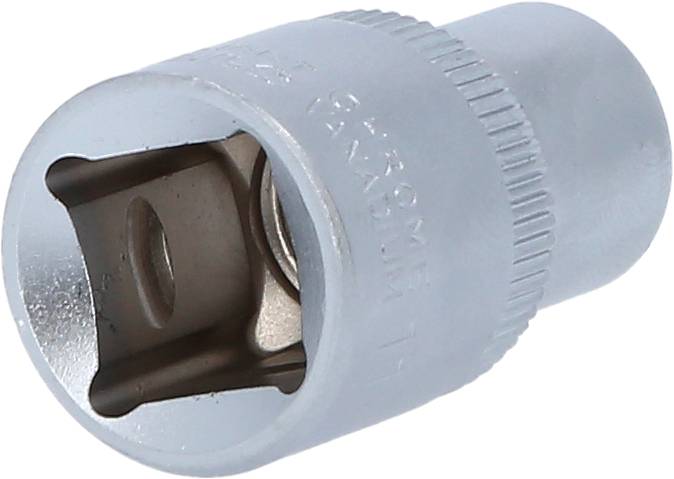 Metal socket wrench attachment used for tightening or loosening screws and nuts, with a knurled surface.