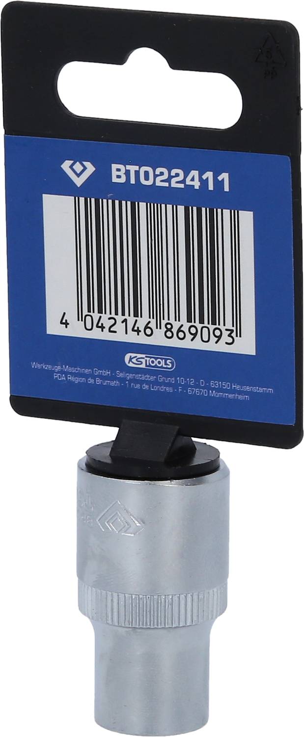 Metal socket spanner with blue label and barcode, product number BTO22411, rests on a white surface.