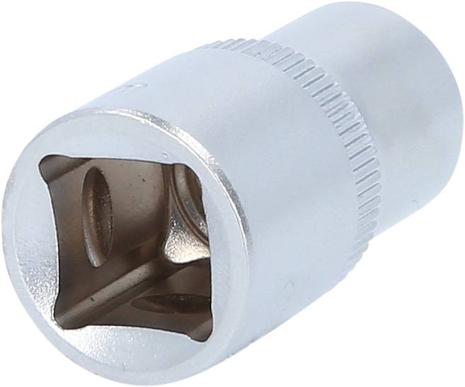 A silver metal socket adapter with a round shape and a square internal profile for mounting on ratchets or socket wrenches.