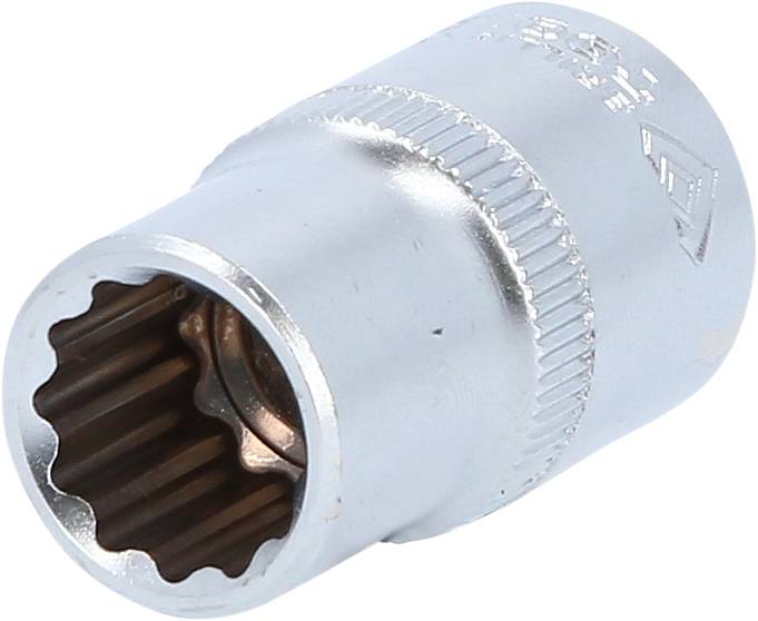 Metal socket with toothed internal surface and knurled grip, suitable for various screwdriver attachments.