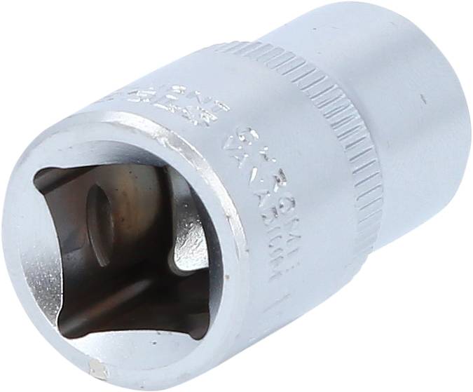 Metal key-head attachment with hexagonal opening for sockets. Used for tightening or loosening screws and nuts.