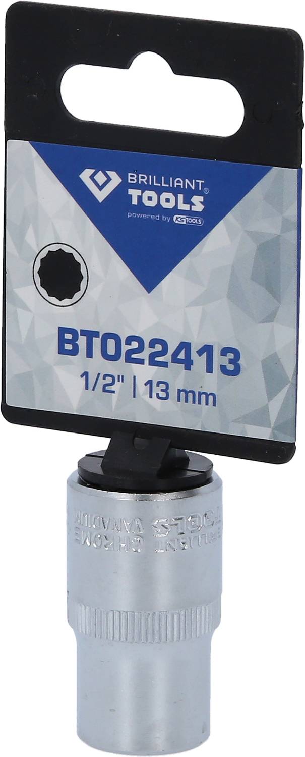 'Brilliant Tools' Socket Insert, Model Number BT022413, Size 1/2 inch, 13 mm, affixed to a product packaging.