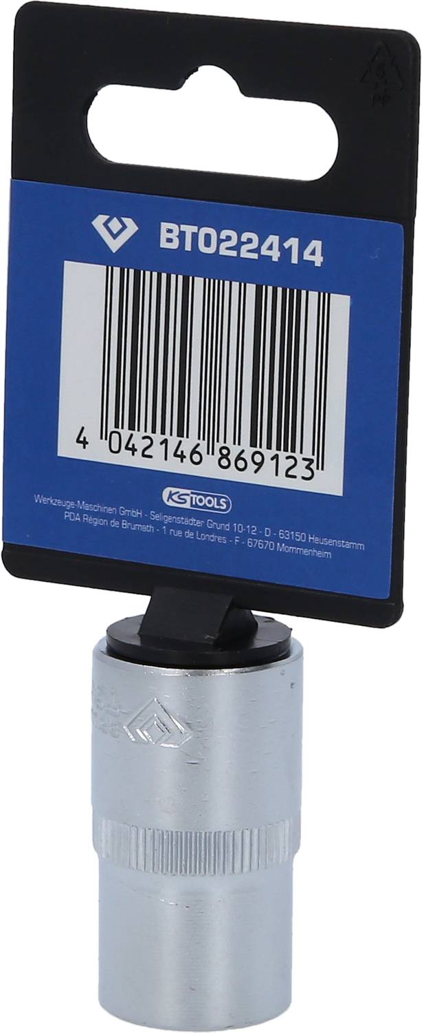 Socket extension with holder, Product number BT022414, Barcode at top. Silver metallic surface with knurled grip.