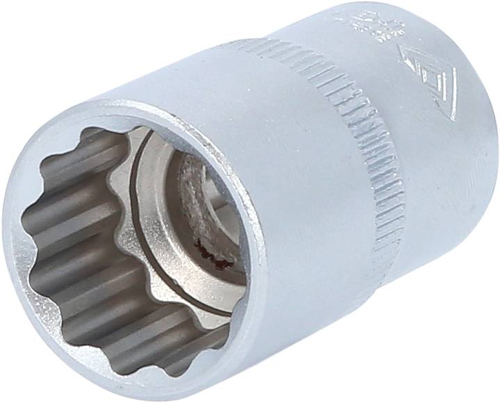 Metallic multi-toothed socket, cylindrical in shape with a knurled edge, designed for connection with a rotary tool.