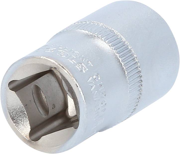 A silver socket, primarily made of metal, lies at an angle with the opening visibly facing forward. It is a tool attachment.
