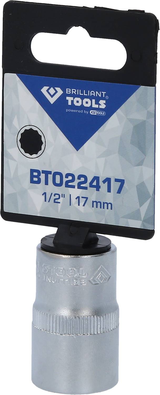 'Brilliant Tools 'BT022417'' Socket Spanner, 1/2'', 17 mm. Silver metal spanner with black label on grey background.