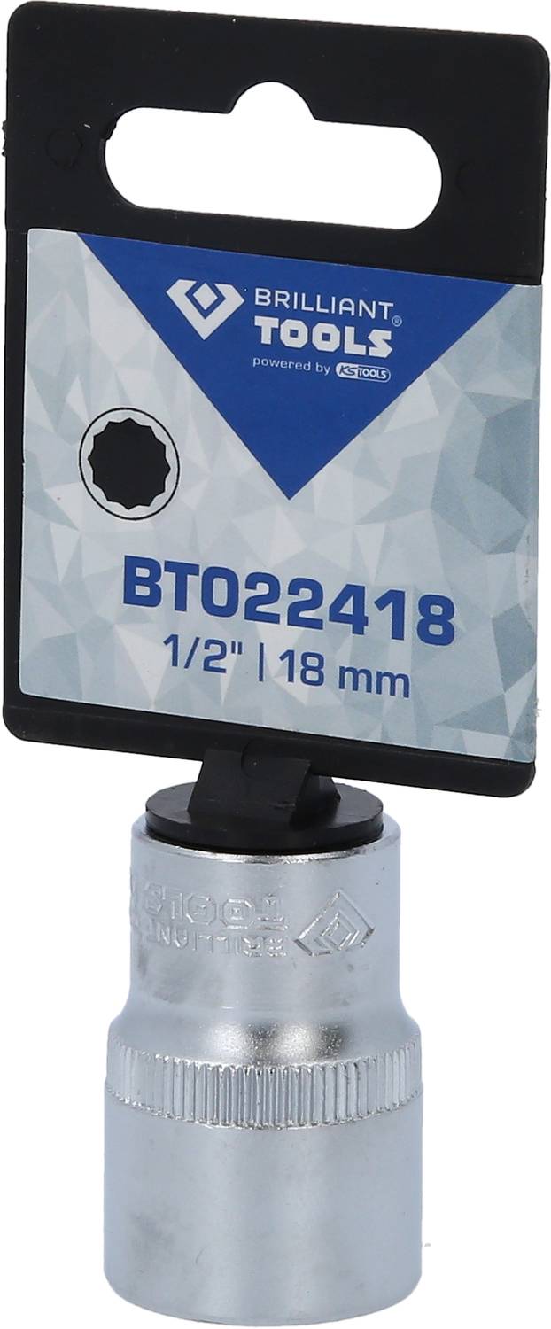 An 18 mm socket from Brilliant Tools, model number BT022418, mounted on a black packaging card.