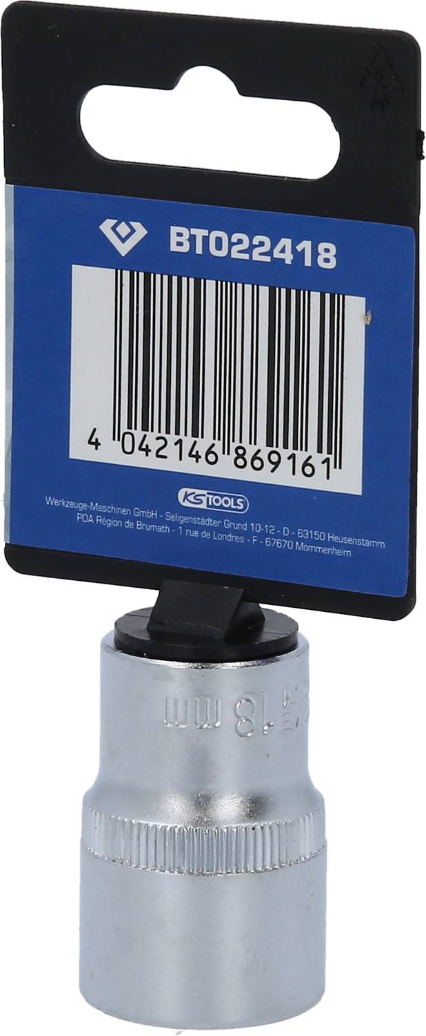 A socket drive with a blue label printed with 'BT022418', displaying a barcode underneath.