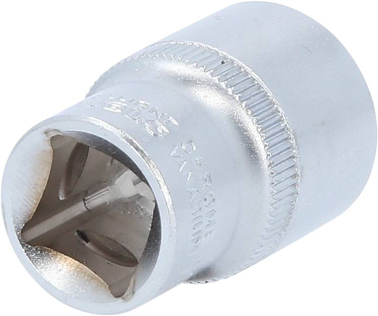 A silver socket extension with a knurled edge, used for tightening or loosening nuts.