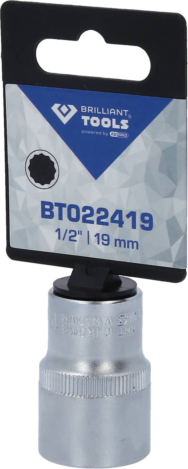 Socket insert with the inscription 'BRILLIANT TOOLS BT022419 1/2" 19 mm', suitable for screw work.