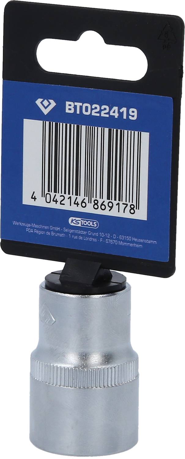 Metal socket spanner with a blue label displaying a barcode and the number 'BT022419'.