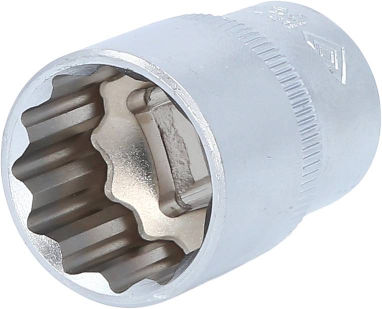 Socket spanner, twelve-sided, made of metal, left-side view. Primarily used for tightening or loosening nuts or bolts.