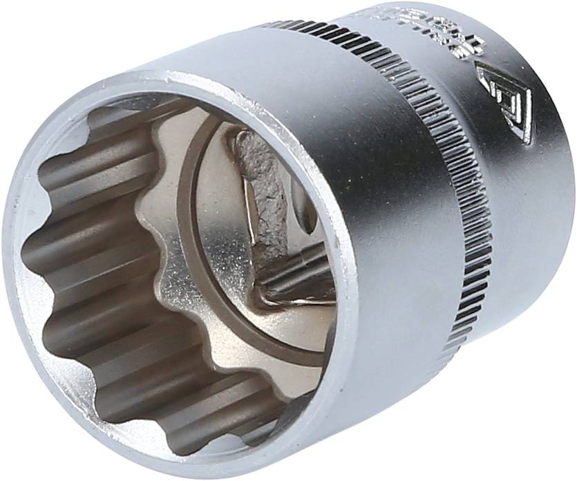 Metallic twelve-point socket, for loosening or tightening screws, with a knurled surface on the side for improved grip.