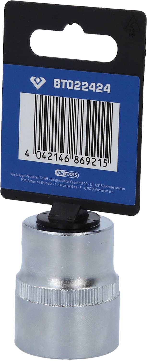'Socket attachment with blue label, barcode and product number BTO22424.'
