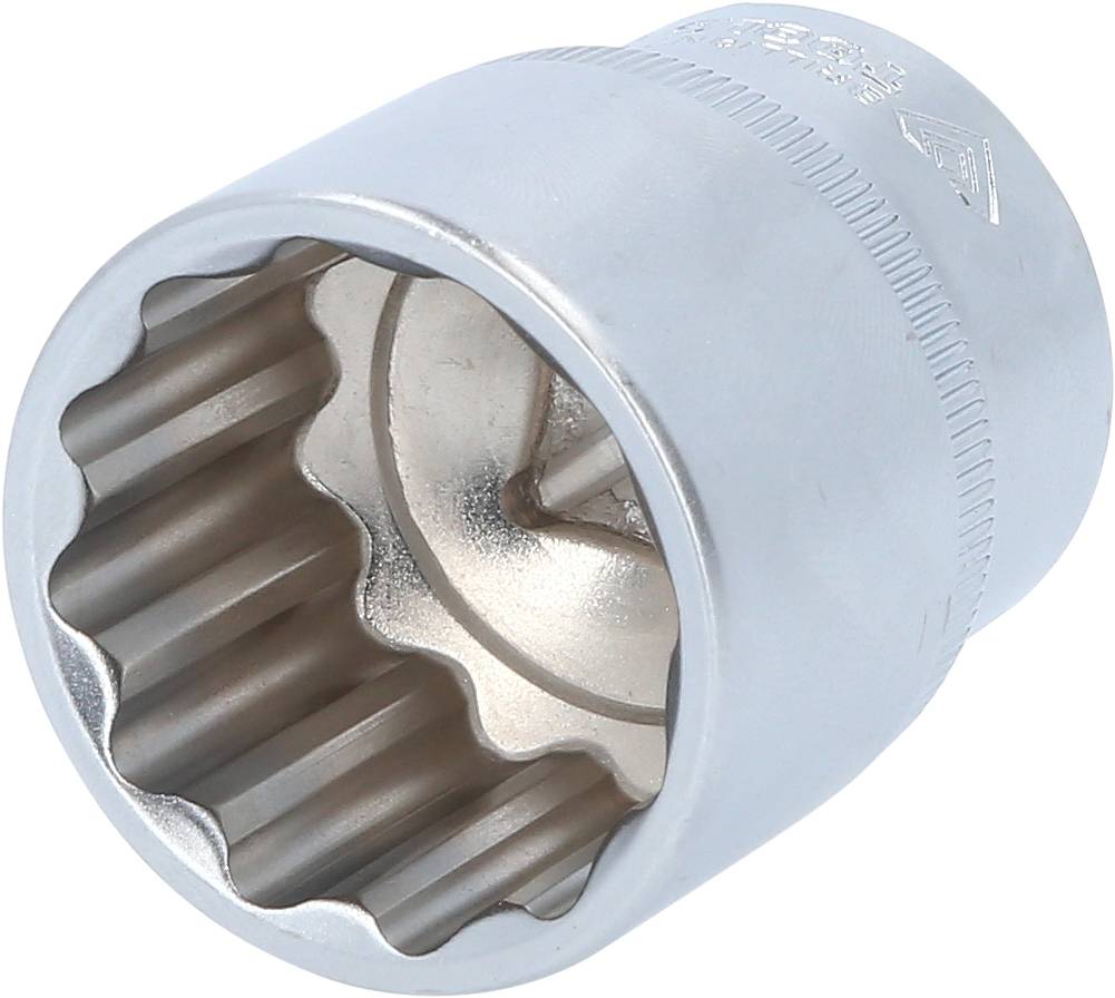 Metal socket key intake, cylindrical shape, with a ribbed inner area for screws or nuts, robust tool.<br><br>Translation to British English:<br>Metal socket key receiver, cylindrical design, with a grooved interior for screws or nuts, sturdy tool.