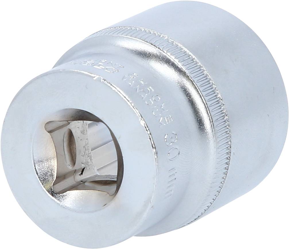 Metal socket key with knurled edge, cylindrical shape, designed for attachment to ratchets or spanners, with a matte silver finish.